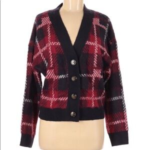 ABOUND FRONT BUTTON RED BLACK PLAID CARDIGAN SWEATER MEDIUM